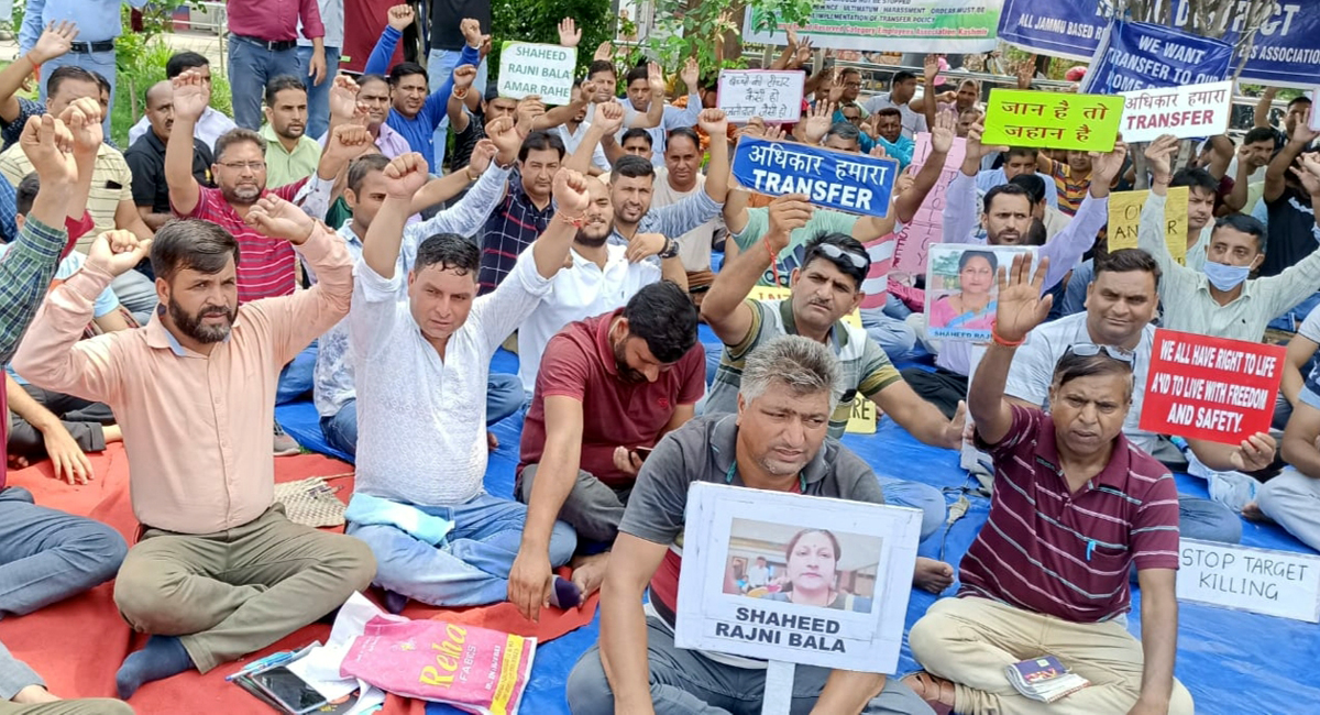 Reserved categories employees posted in Kashmir staging protest dharna at Ambedkar Chowk in Jammu on Saturday.